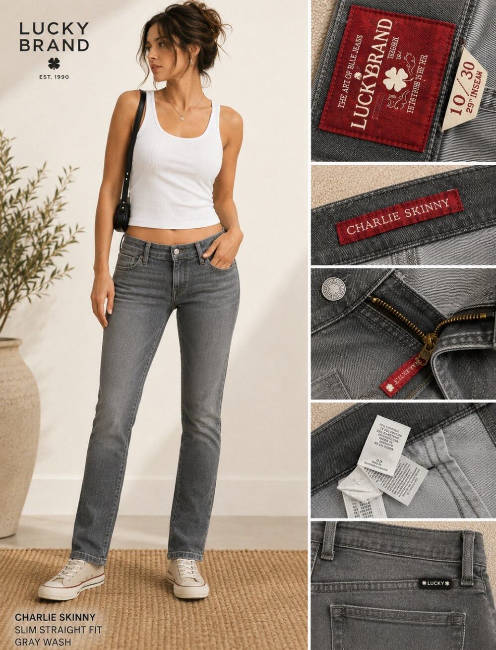 Lucky Brand Women's Charlie Skinny Slim Straight Jeans Size 10 Gray Wash